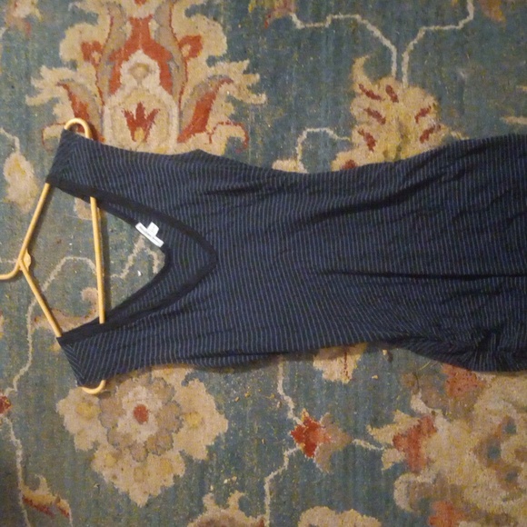 James Perse 100%Cotton Black/Blue Deep V Neck, Back, Tank Dress W/ Ruched Sides - Picture 2 of 11